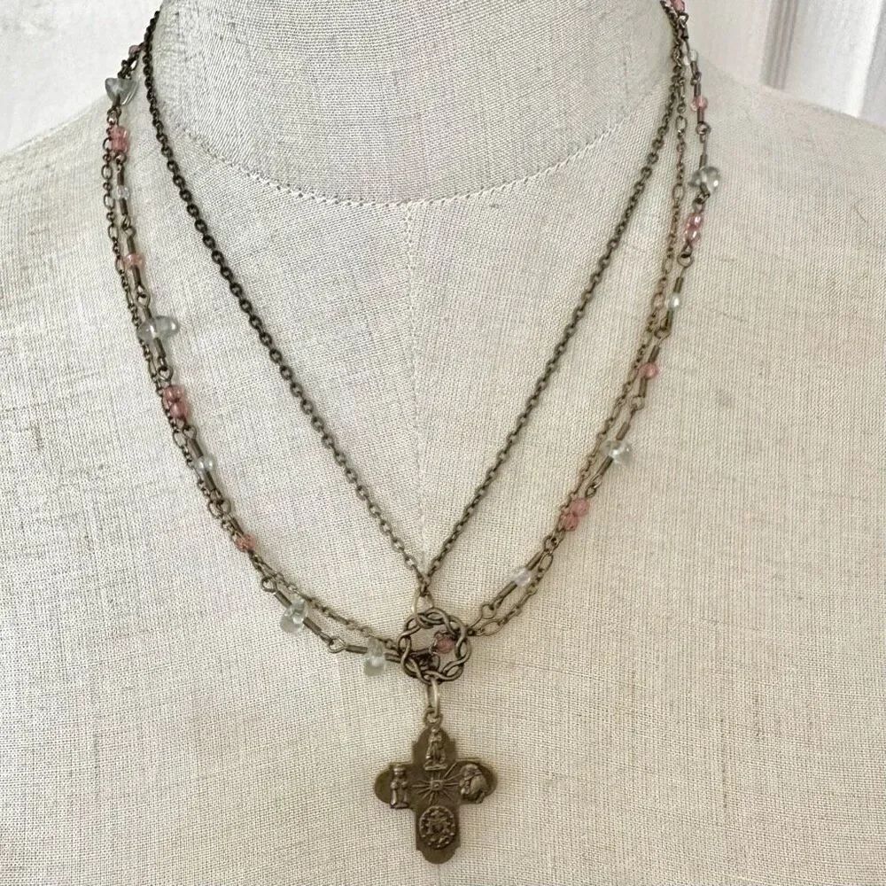Multi strand quartz beaded cross necklace